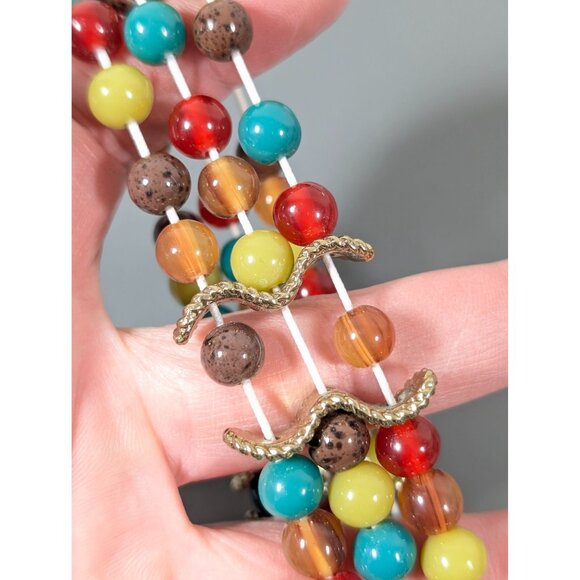 Boho Tribal Red Green Bead Three Row Stretch Bracelet 7" - Picture 7 of 8